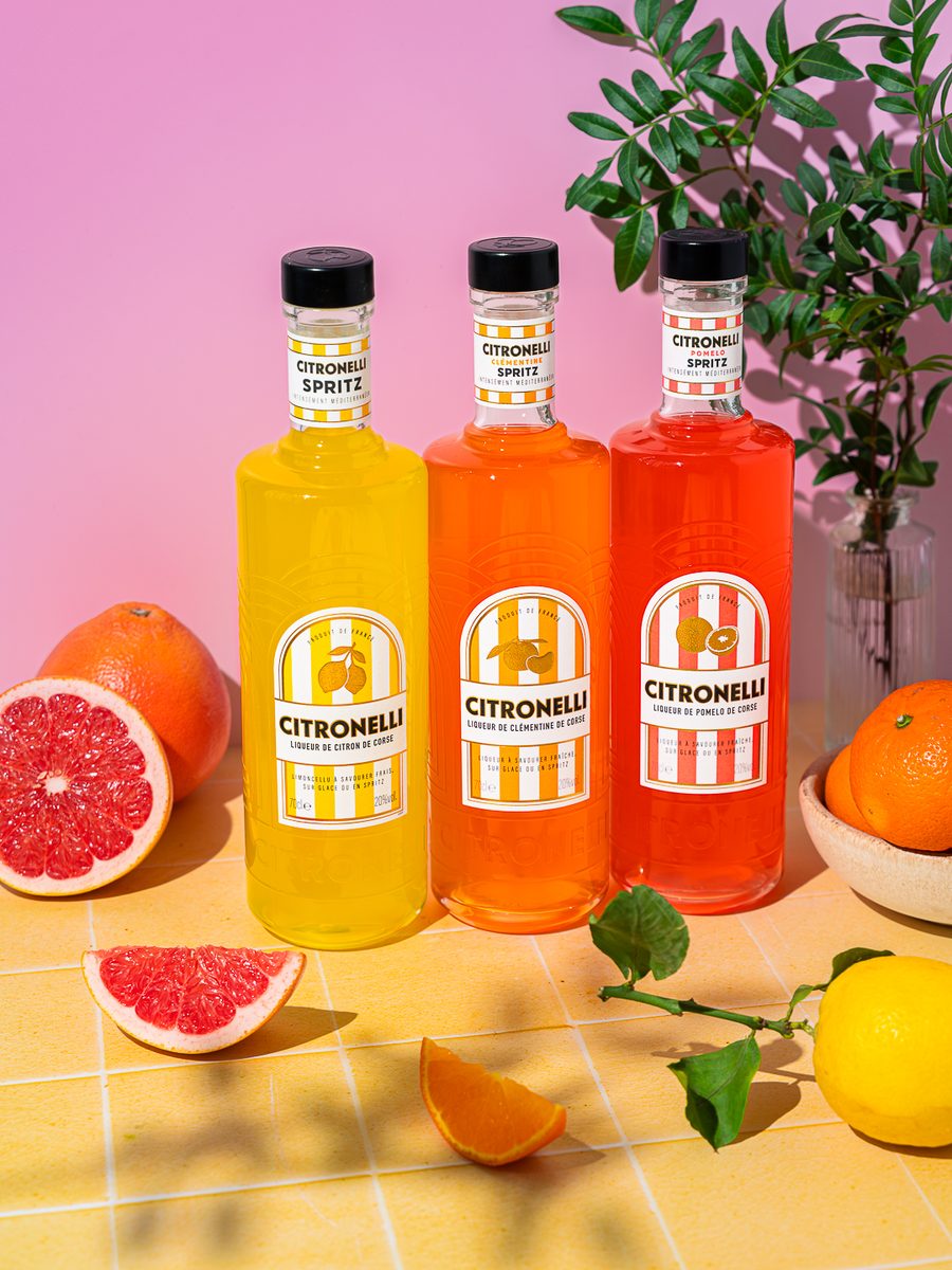 Les trois liqueurs CITRONELLI : Citron, Clémentine et Pomelo de Corse